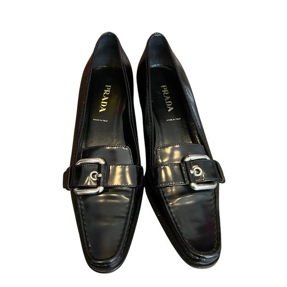 PRADA Vintage Black Leather Buckle Loafers Size 37 - Picture 1 of 8